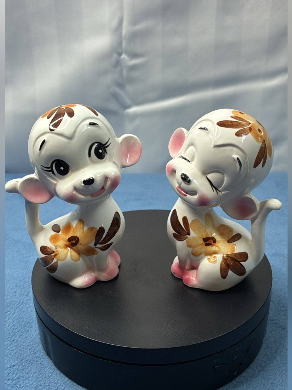 Salt Pepper Ceramic Monkey Pair with Brown and Pink Floral Accents